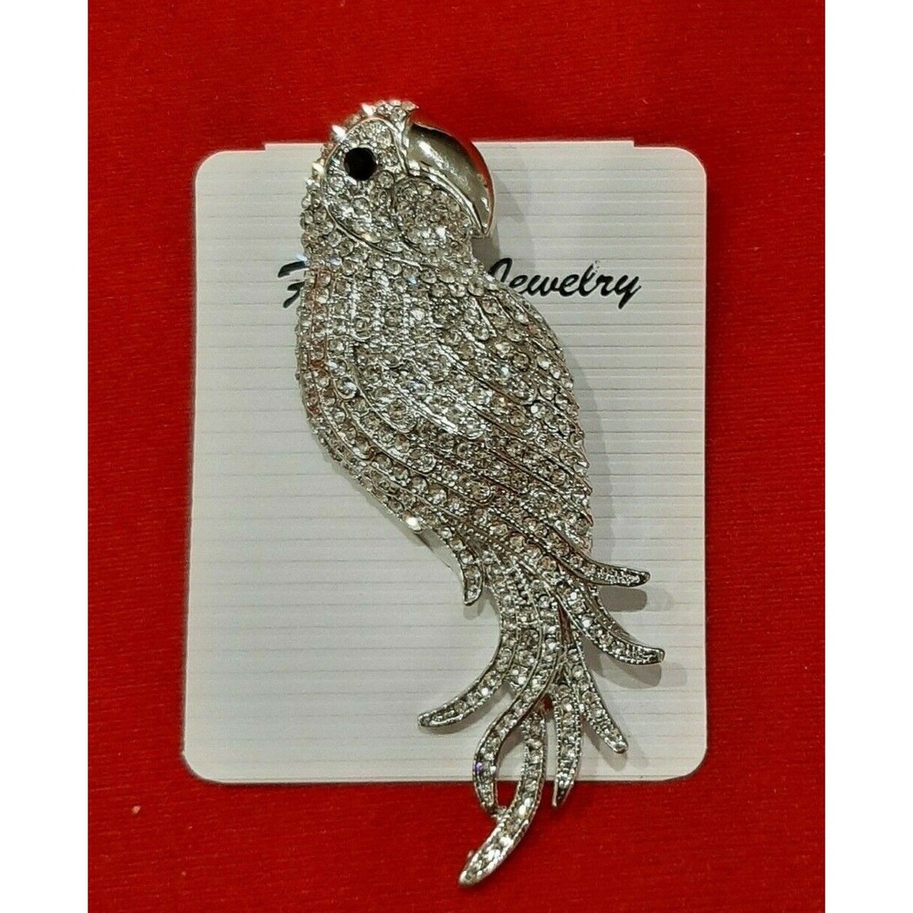 Parrot bird Pin Brooch clear rhinestone Fashion Jewelry metal 3 1/2"